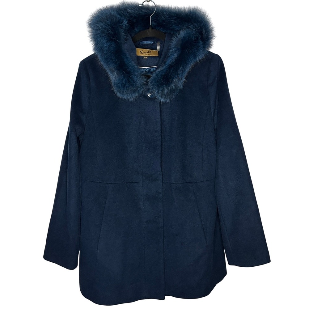Sachi Collection Navy Blue Lambswool Fox Fur Trim Hood Coat Large Winter Luxury